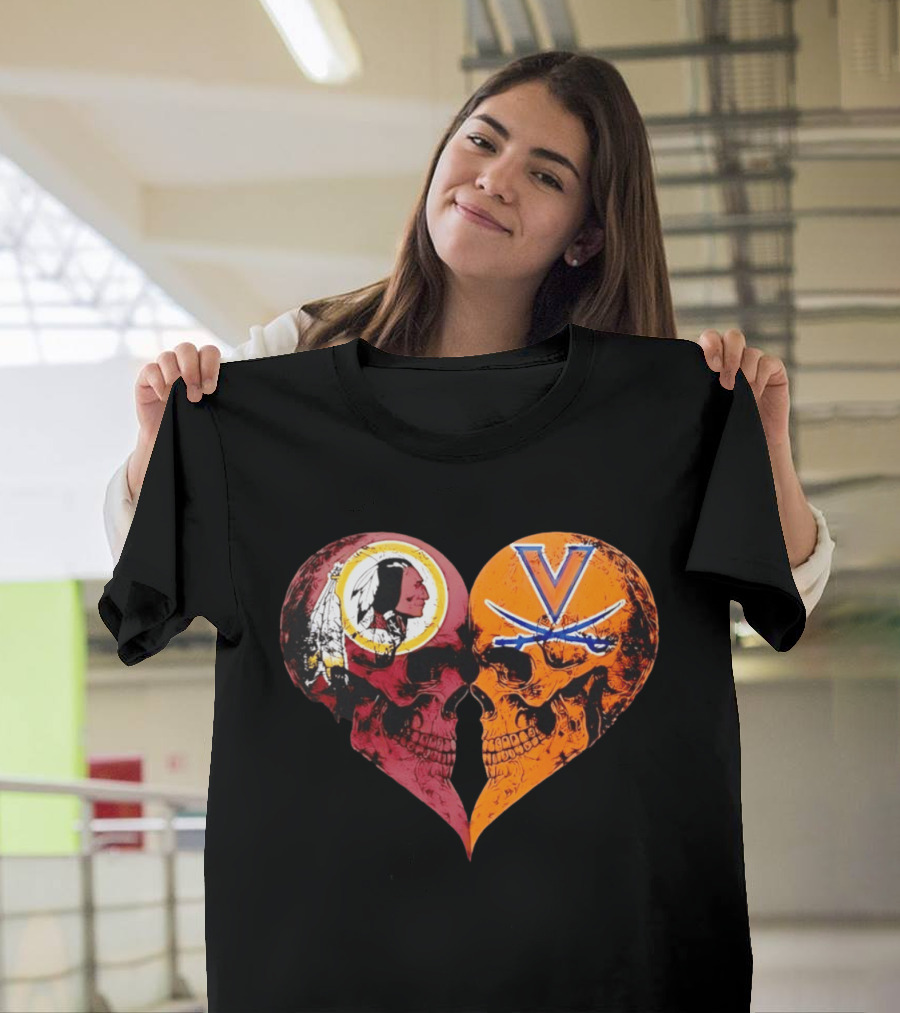 Washington Redskins Virginia Cavaliers Skulls Face To Face Heart Shape Distressed T-Shirt