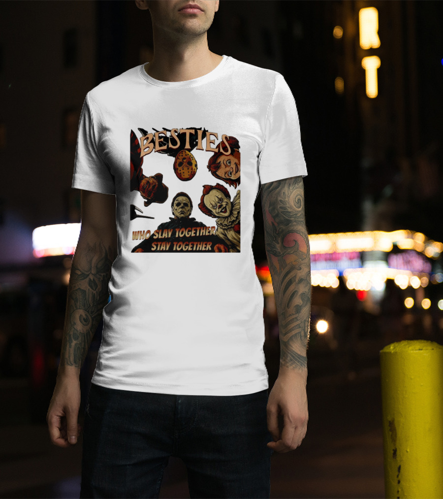 BESTIES Horror Movie Characters Mask Iconic Slayers Pennywise Knife Doll Together T-Shirt