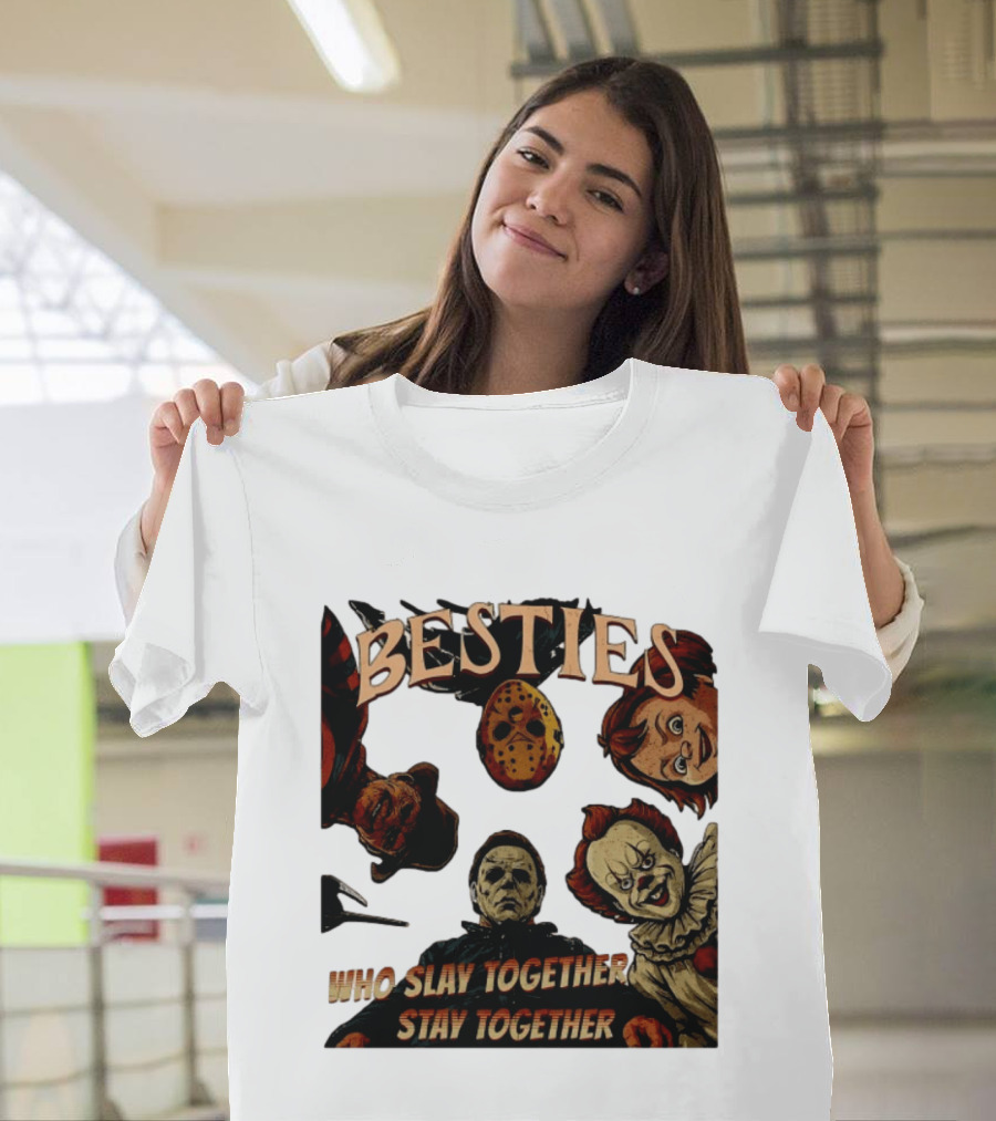 BESTIES Horror Movie Characters Mask Iconic Slayers Pennywise Knife Doll Together T-Shirt