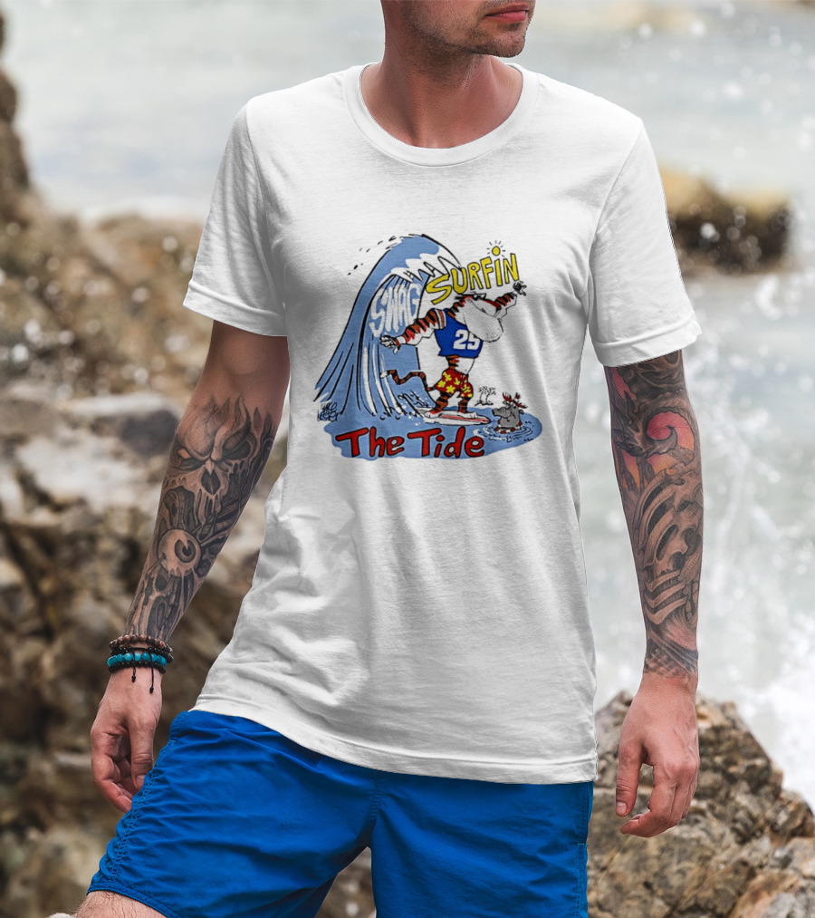 Classic Alabama Gameday Surfin The Tide Tiger In Red Flower Shorts Riding Wave T-Shirt