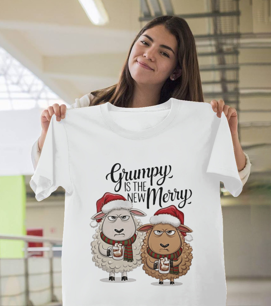 Grumpy Is The New Merry Christmas Sheep Santa Hat Holiday Humor T-Shirt