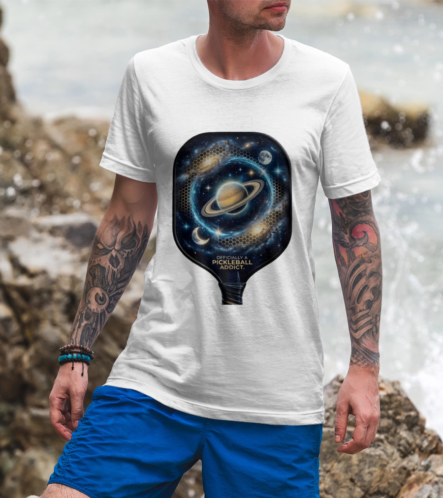 Officially A Pickleball Addict Galaxy Space Planets Saturn Stars T-Shirt