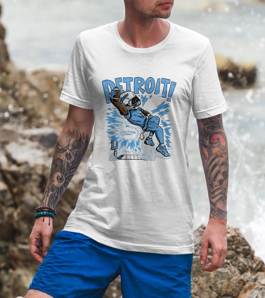 Detroit Lions High Flying Football Dynamic Catch Comic T-Shirt