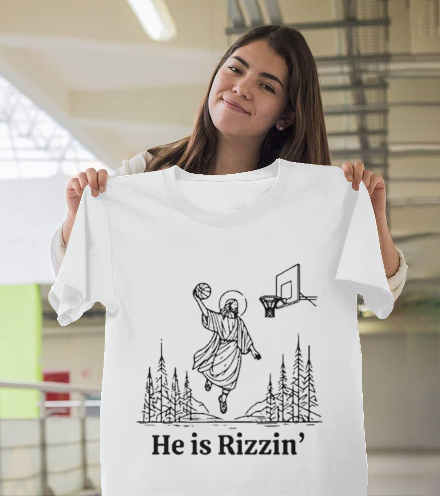 He Is Rizzin Basketball Angel Easter Forest Scene T-Shirt