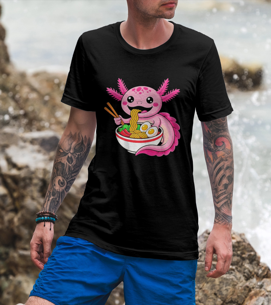 Axolotl Eating Ramen Kawaii Style With Chopsticks And Eggs T-Shirt