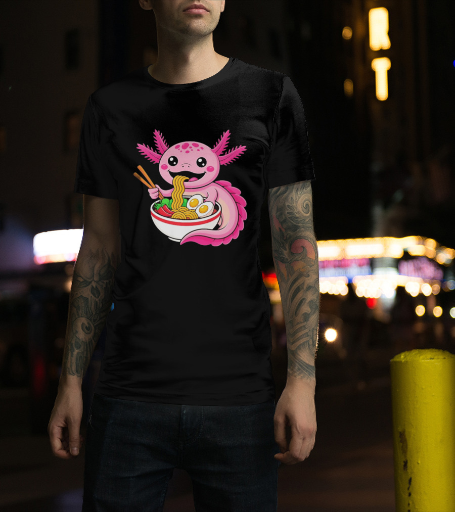 Axolotl Eating Ramen Kawaii Style With Chopsticks And Eggs T-Shirt