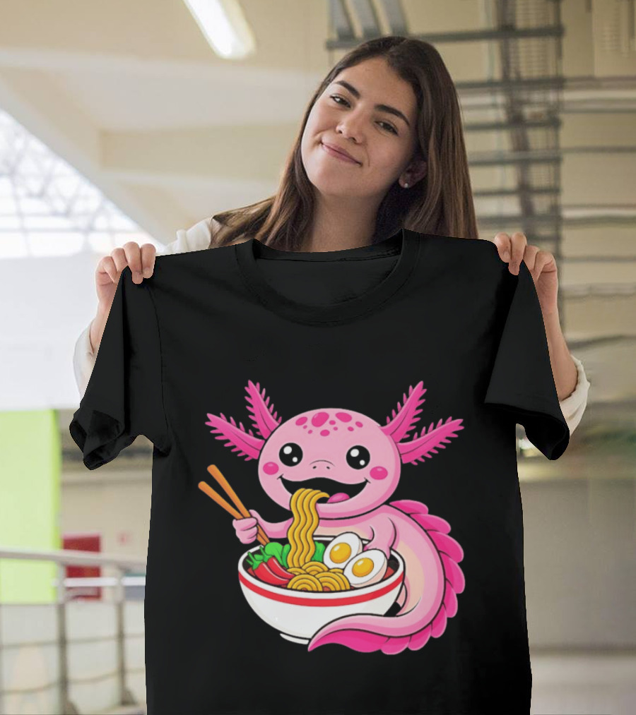 Axolotl Eating Ramen Kawaii Style With Chopsticks And Eggs T-Shirt