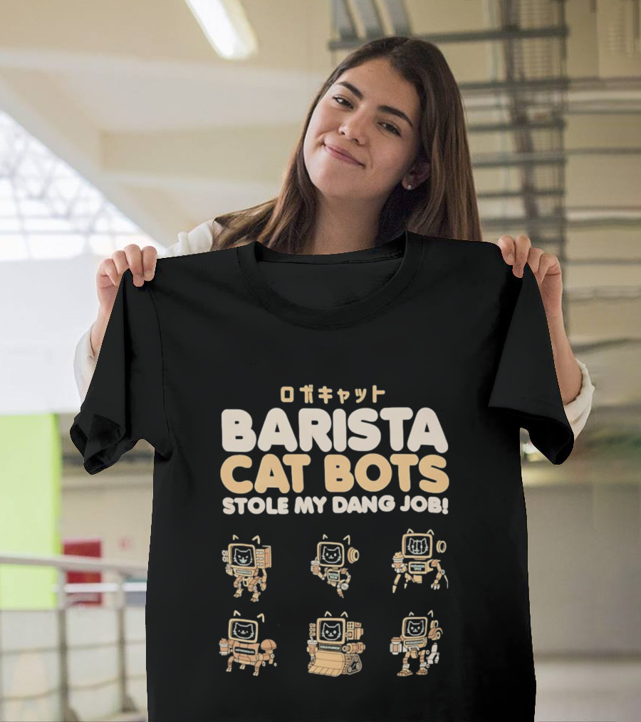 Barista Cat Bots Stole My Dang Job Retro Robot Cats Japanese T-Shirt
