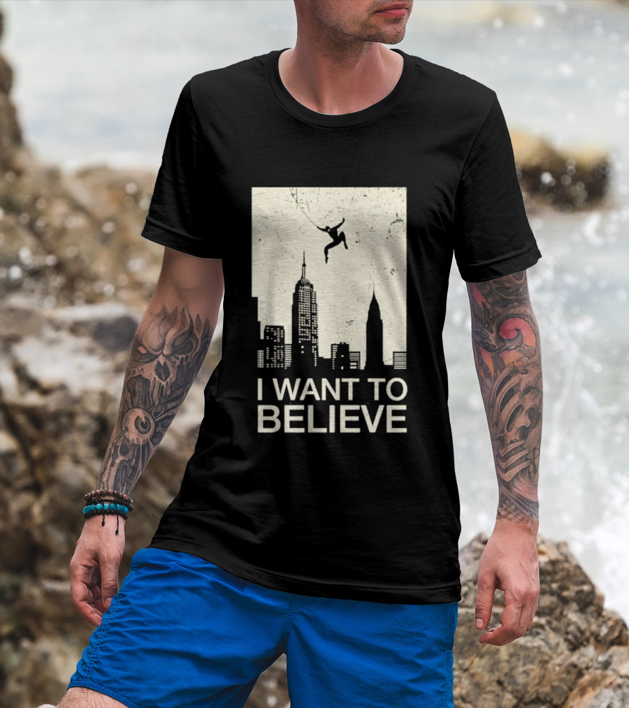 Friking I Want To Believe Swinging Hero Cityscape T-Shirt