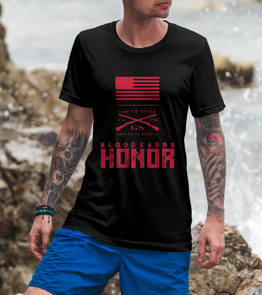 American Flag Blood Earns Honor Vintage Style 1776 Rifles T-Shirt