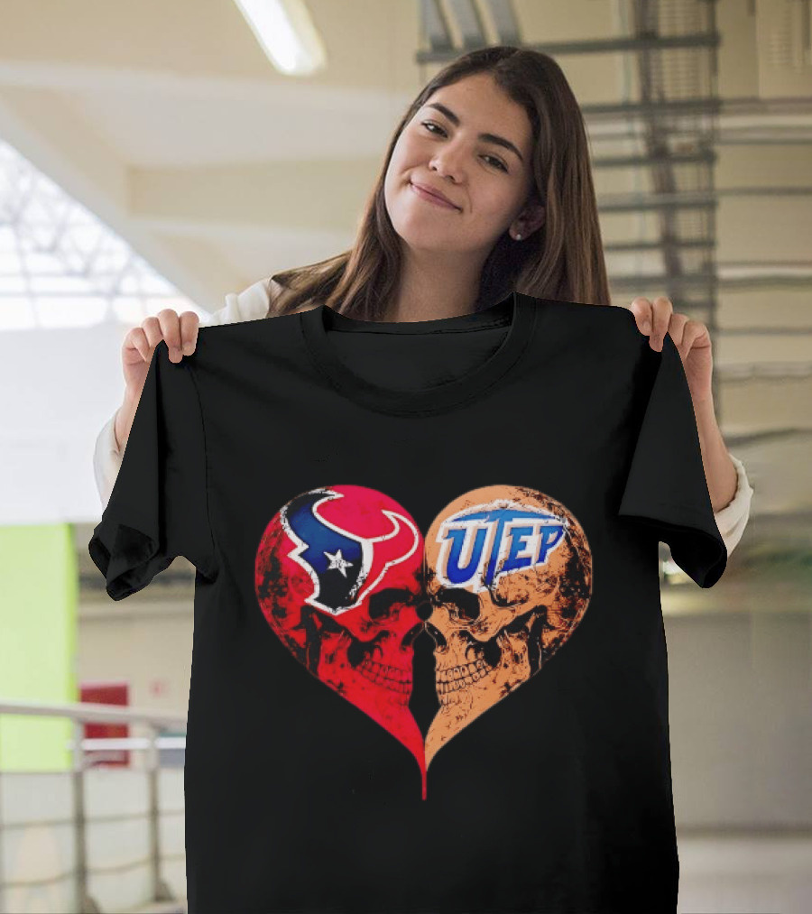 Houston Texans UTEP Miners Skulls Heart Shape Face To Face T-Shirt