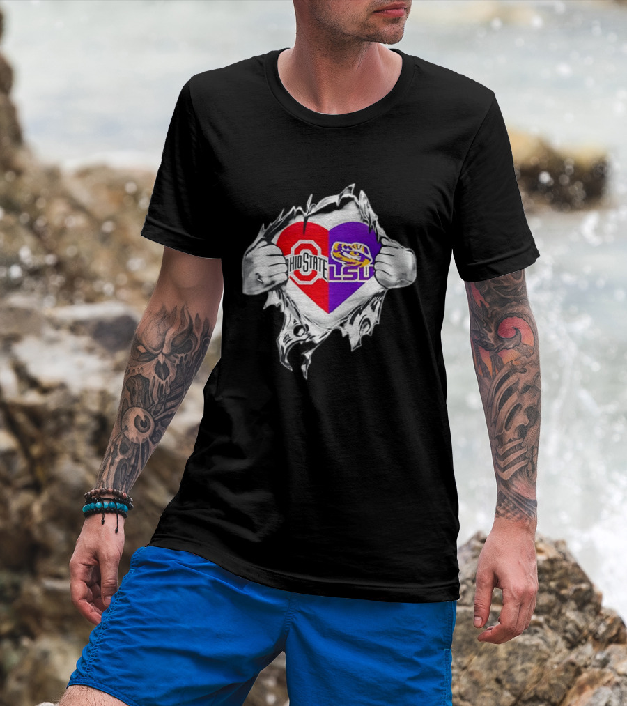 Ohio State LSU Heart Ripped Open Fan T-Shirt