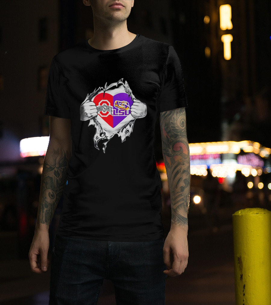 Ohio State LSU Heart Ripped Open Fan T-Shirt