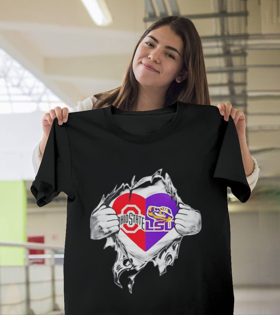 Ohio State LSU Heart Ripped Open Fan T-Shirt