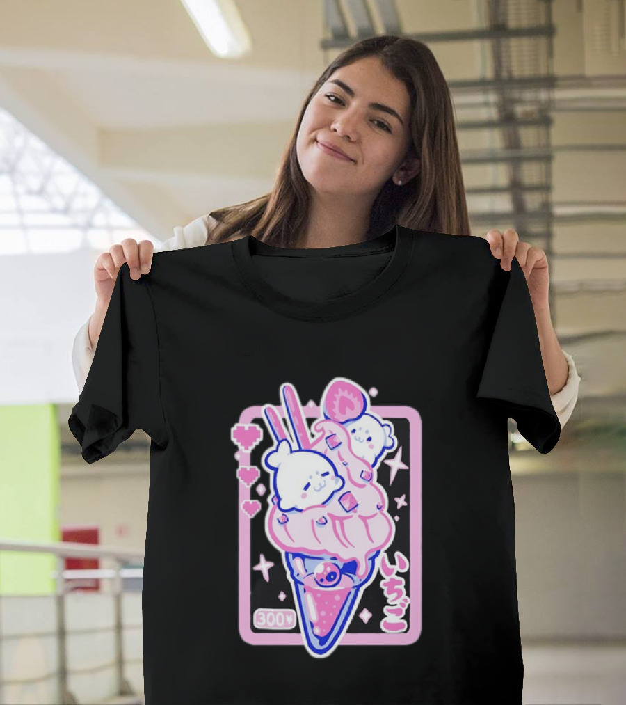 Kawaii Strawberry Ice Cream With Seals And 300 Yen Cute Hearts T-Shirt