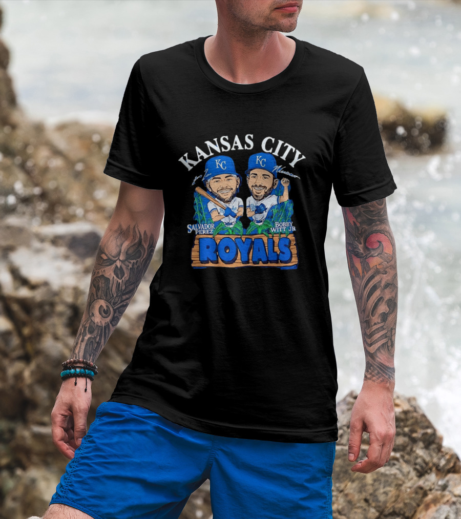 Kansas City Royals Salvador Perez Bobby Witt Jr Cartoon Baseball T-Shirt