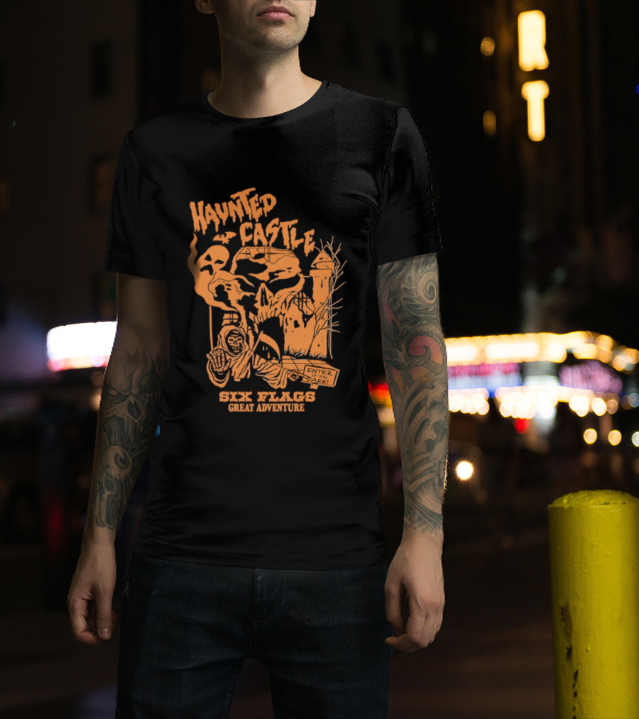 Six Flags Great Adventure Haunted Castle Enter If You Dare Spooky Skeleton And Ghosts T-Shirt