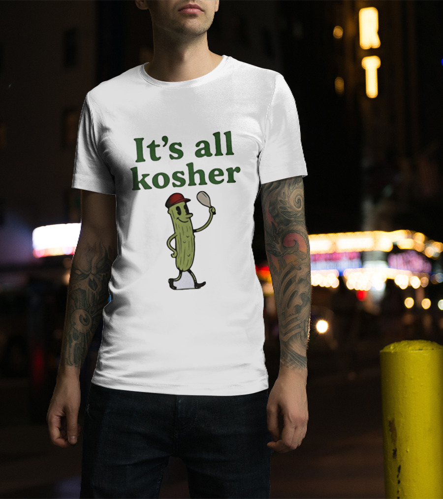 Kosher Pickle Cartoon With Baseball Cap And Spoon T-Shirt