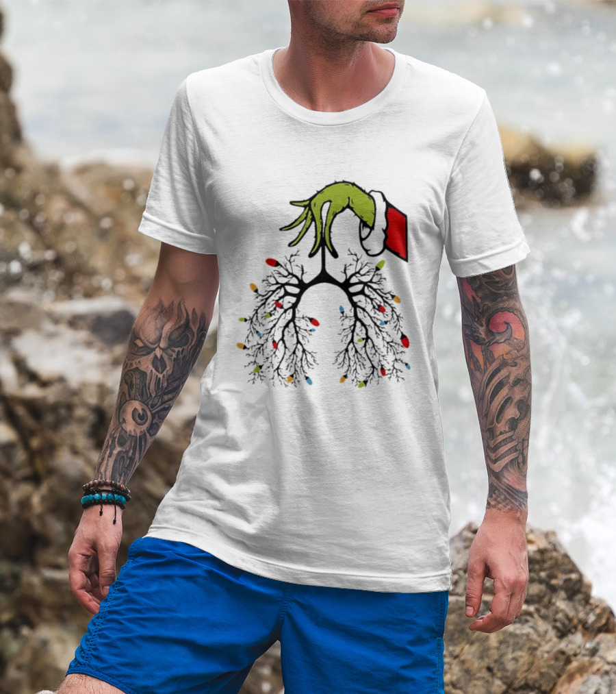 Christmas 2025 Nurse Lungs With Lights And Green Hand Santa Sleeve T-Shirt