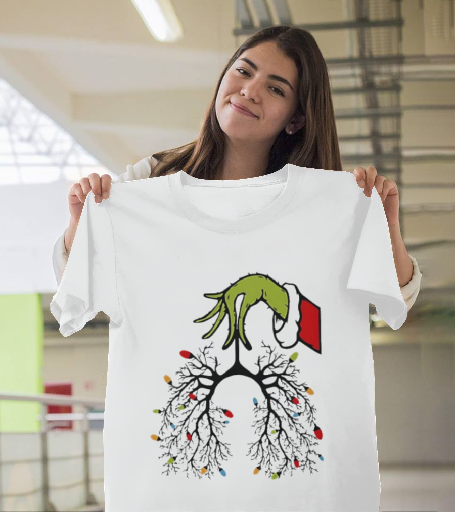 Christmas 2025 Nurse Lungs With Lights And Green Hand Santa Sleeve T-Shirt