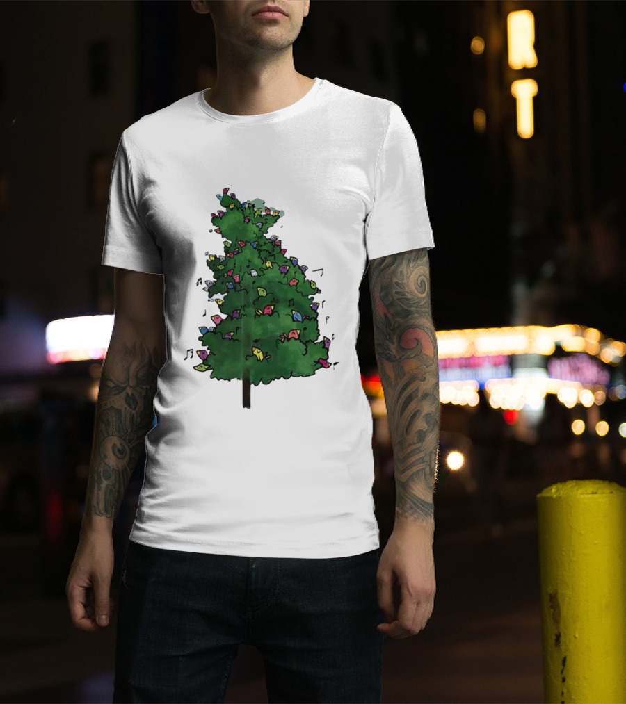 Colorful Singing Birds In Evergreen Tree With Musical Notes T-Shirt