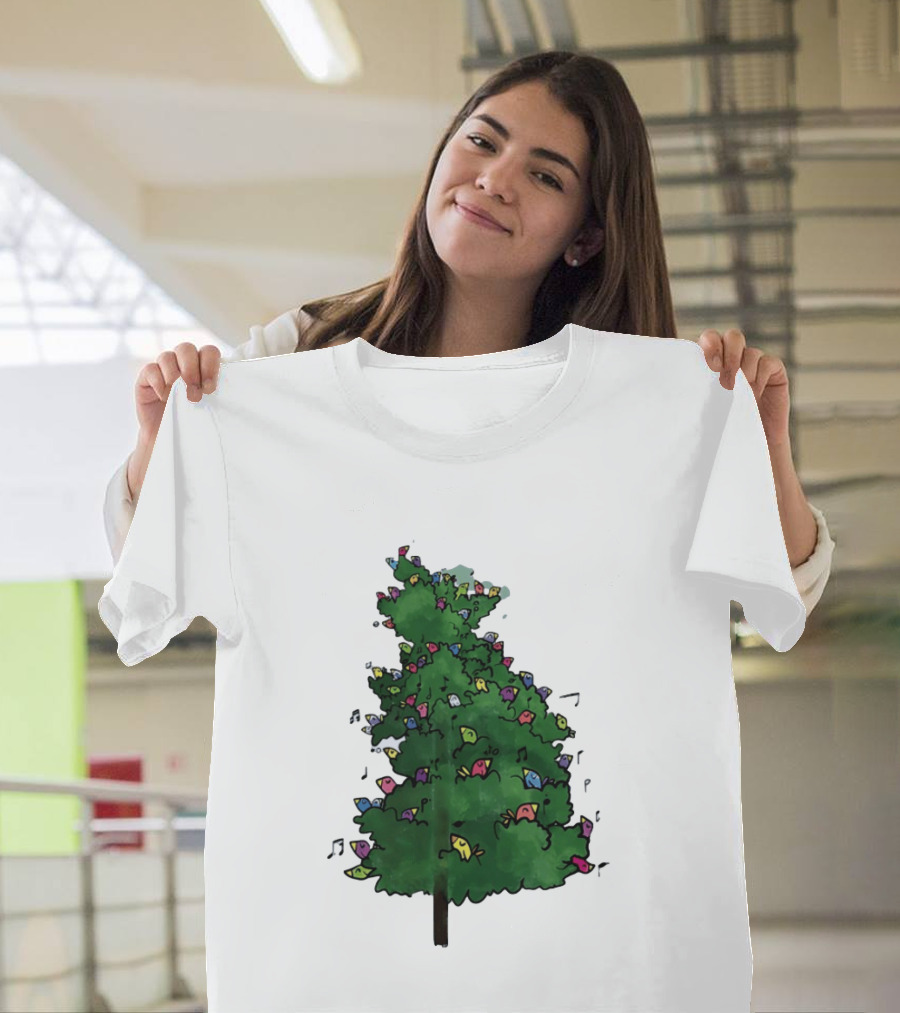 Colorful Singing Birds In Evergreen Tree With Musical Notes T-Shirt