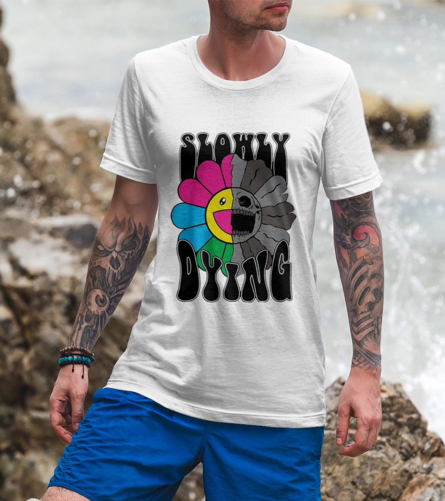 Slowly Dying Colorful Flower Skull Dark Half Happy Half Grim T-Shirt