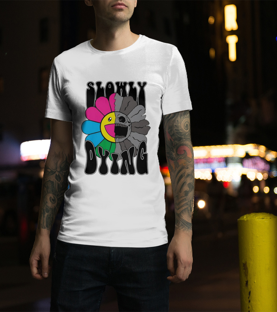 Slowly Dying Colorful Flower Skull Dark Half Happy Half Grim T-Shirt
