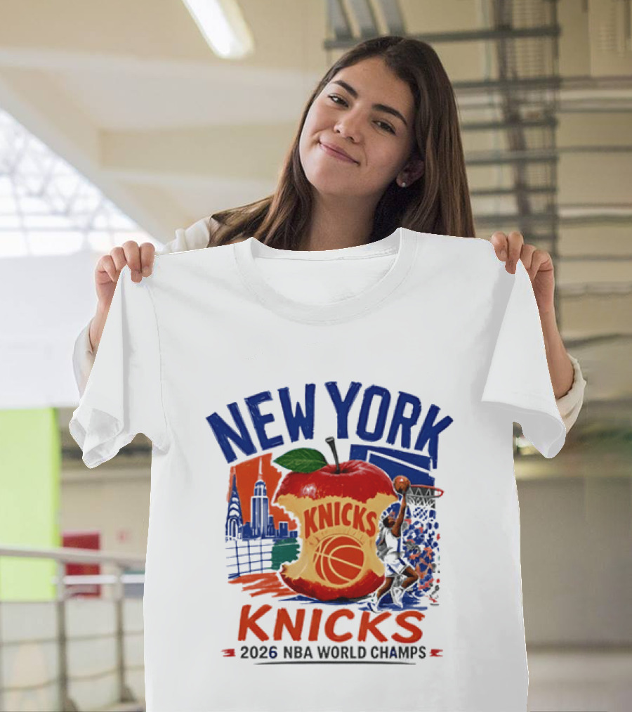 New York Knicks 2026 NBA World Champs Skyline Apple Basketball T-Shirt