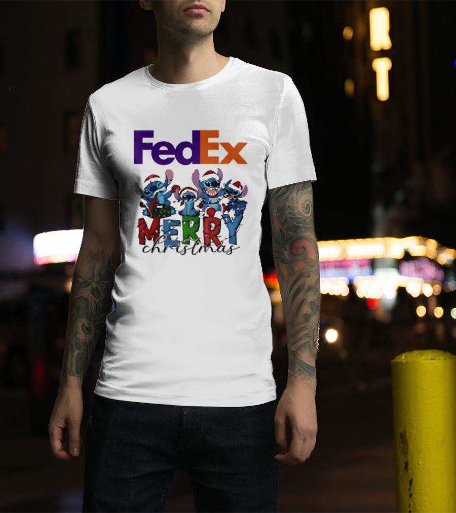 FedEx Stitch Merry Christmas 2025 Characters In Santa Hats T-Shirt