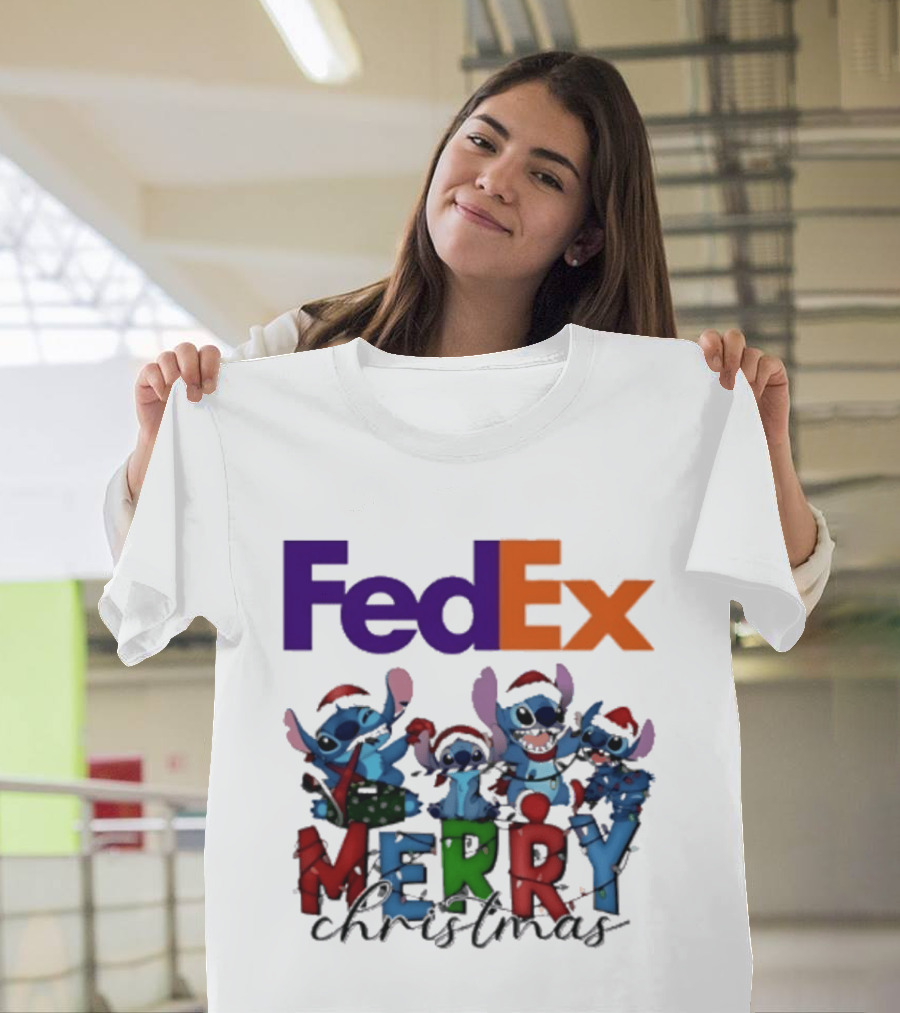 FedEx Stitch Merry Christmas 2025 Characters In Santa Hats T-Shirt