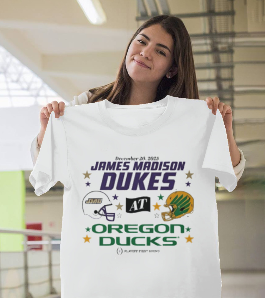 James Madison Dukes Vs Oregon Ducks December 20 2025 CFP Playoff First Round T-Shirt