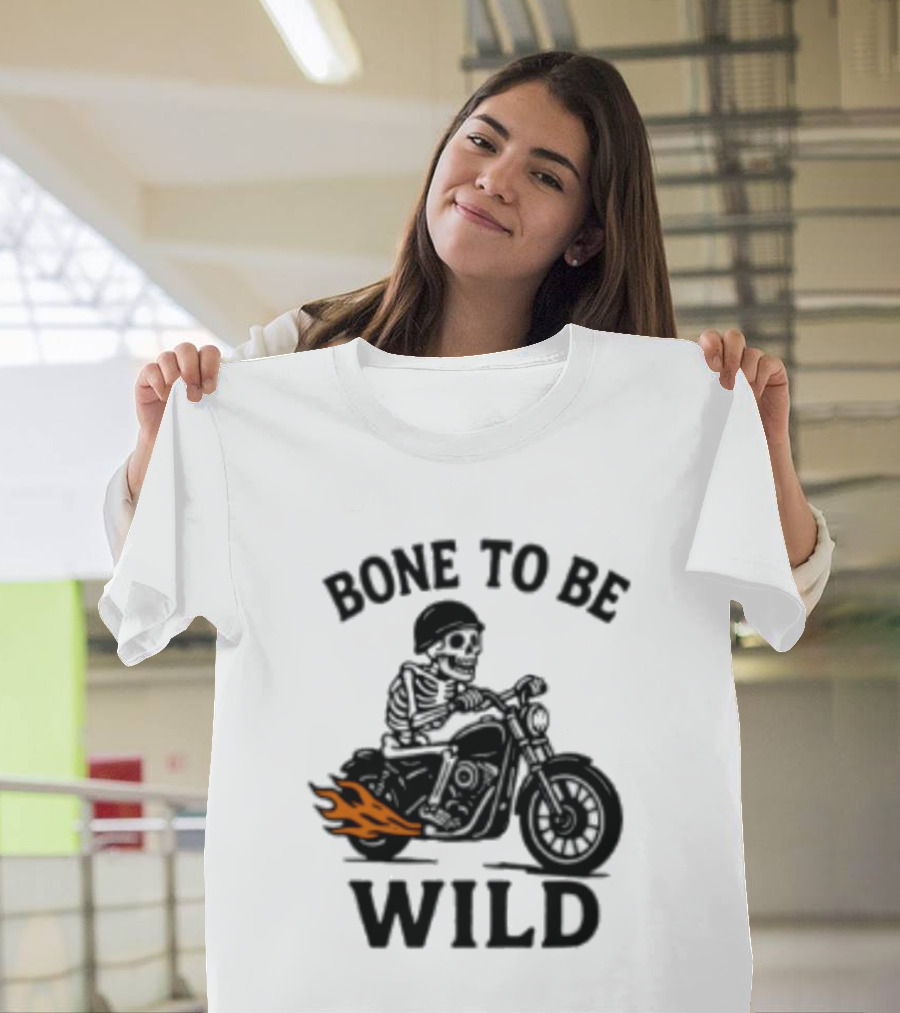 Bone To Be Wild Skeleton Motorcycle Rider Flames T-Shirt