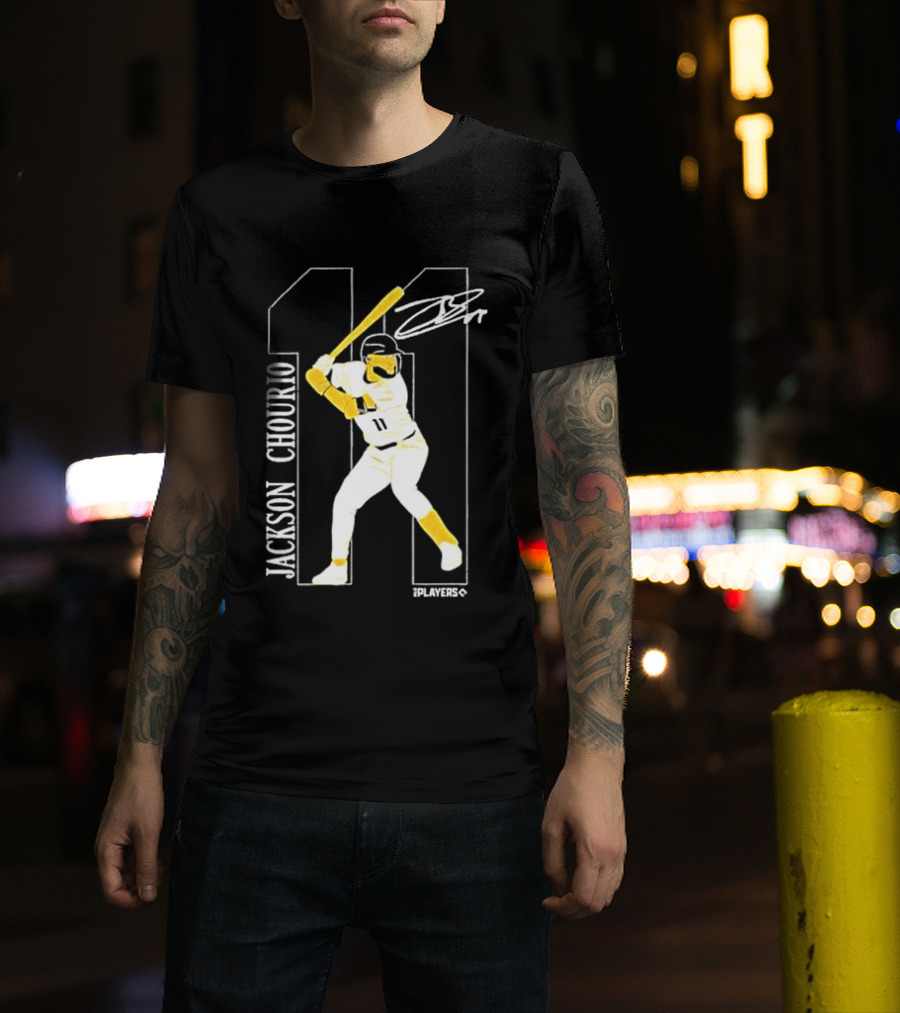 Jackson Chourio Brewers 11 Batting Pose Signature T-Shirt