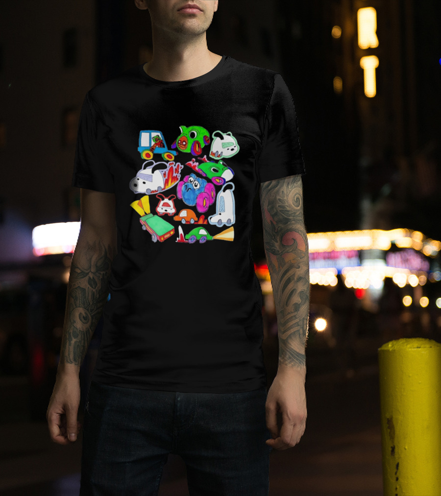 Colorful Cartoon Animal Toy Cars With Rocket Exhaust And Flames Racing Sketch T-Shirt