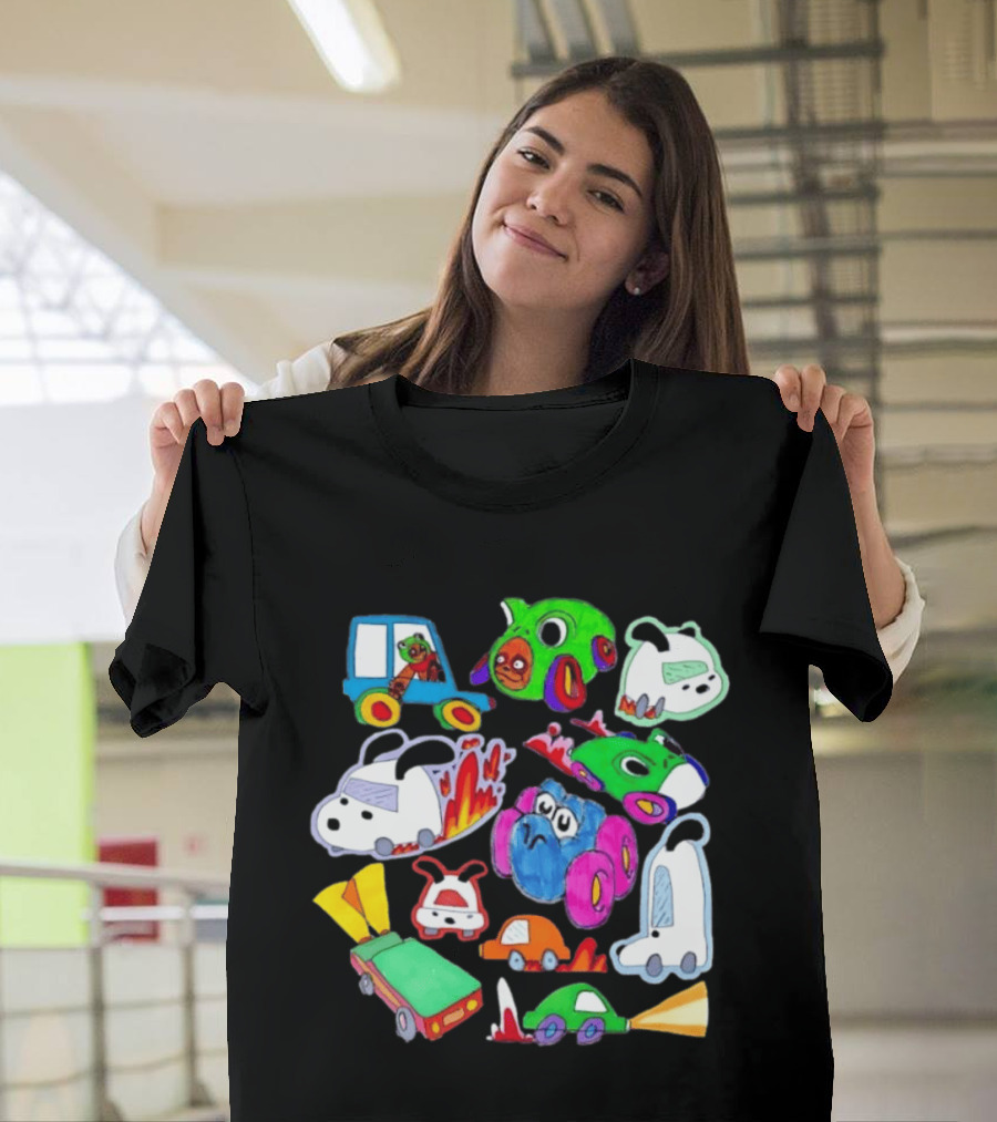 Colorful Cartoon Animal Toy Cars With Rocket Exhaust And Flames Racing Sketch T-Shirt