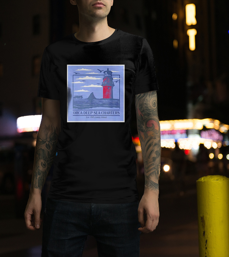 Jaws Orca Deep Sea Charters 1975 Amity Island Lighthouse Ocean Adventure T-Shirt