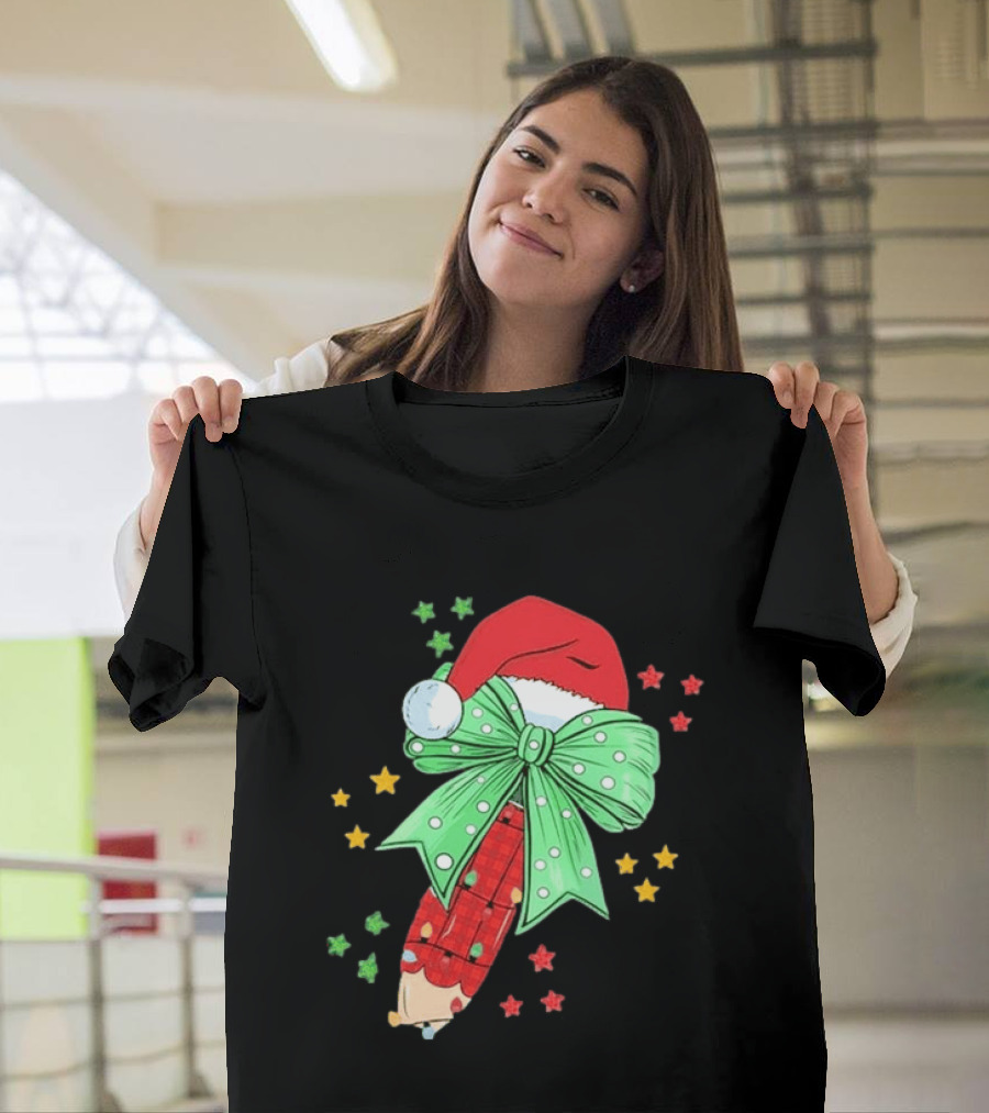 Christmas Elf Pen Candy Cane With Green Bow And Santa Hat T-Shirt