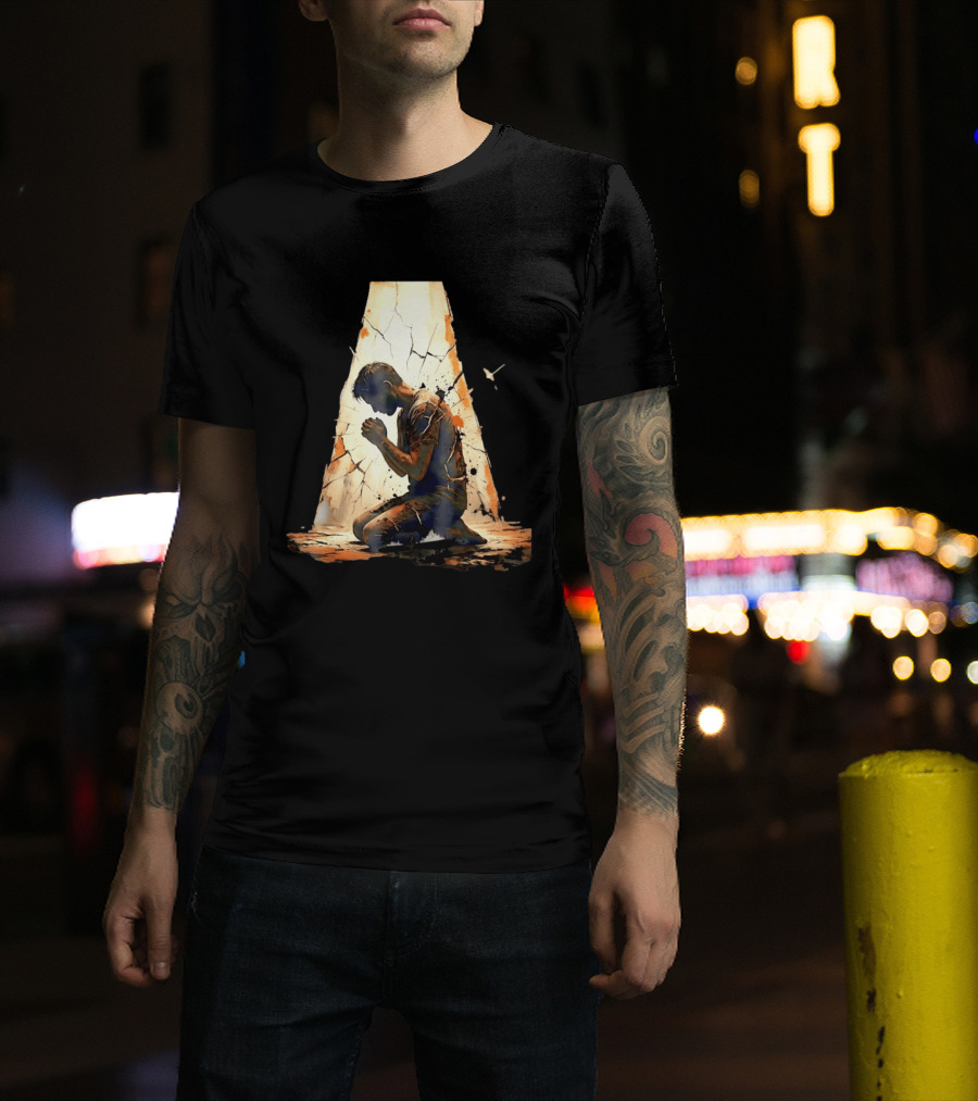 Man Kneeling In Prayer Spiritual Faith Devotion Cracked Wall And Light T-Shirt