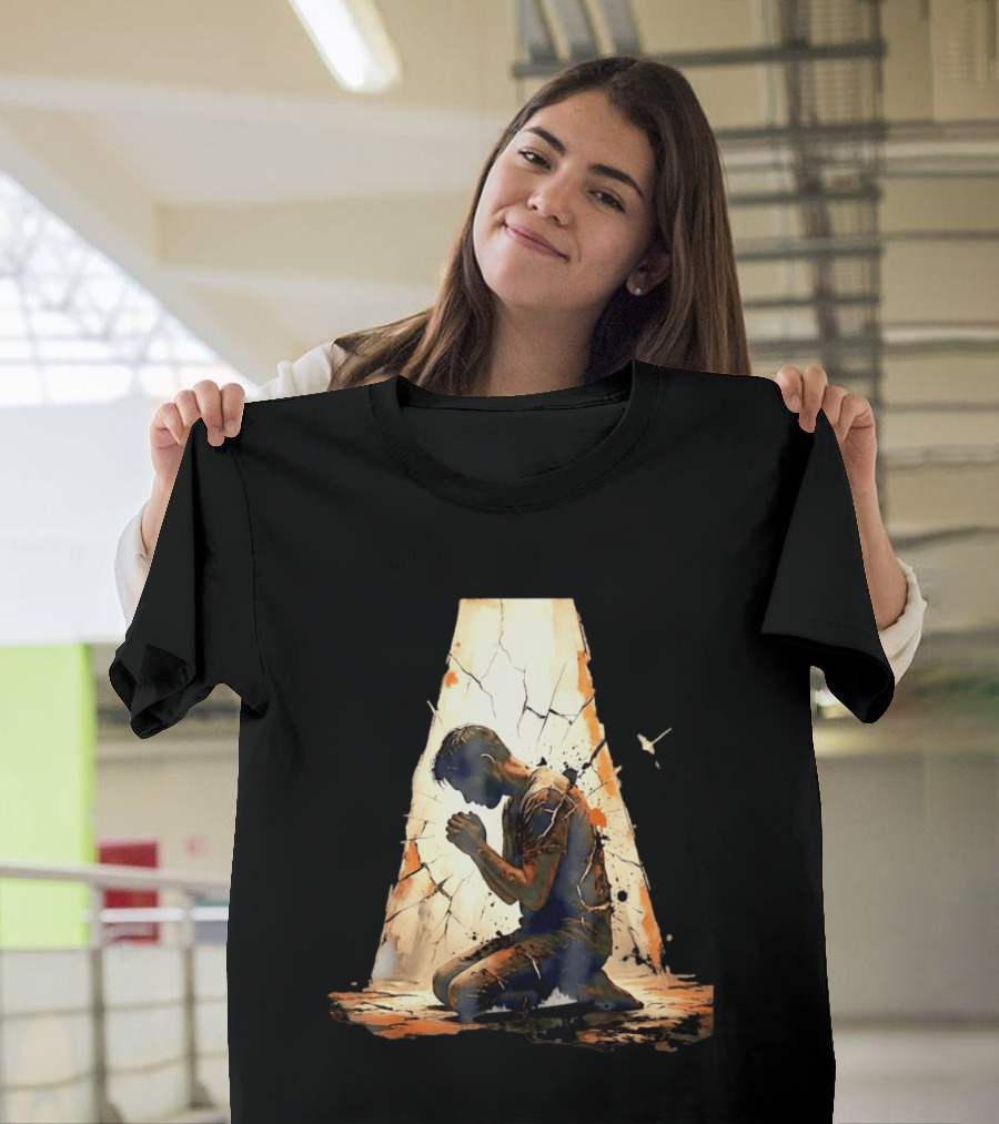 Man Kneeling In Prayer Spiritual Faith Devotion Cracked Wall And Light T-Shirt