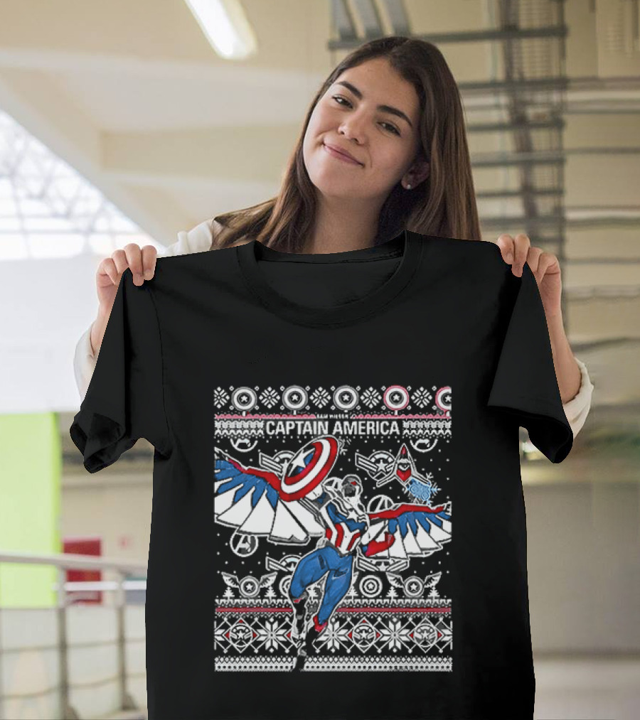 Marvel Captain America Sam Wilson Christmas Sweater Style Festive Holiday T-Shirt