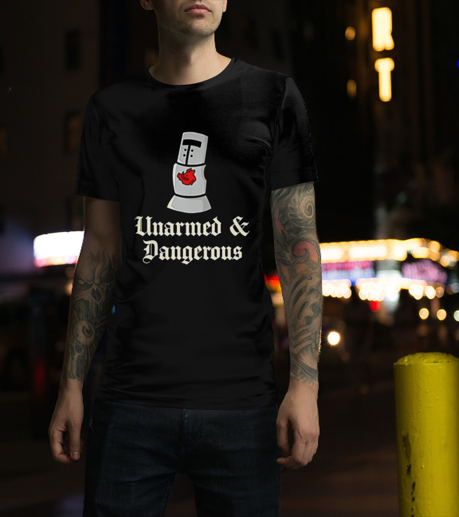 Unarmed And Dangerous Classic Medieval Helmet With Red Mark T-Shirt