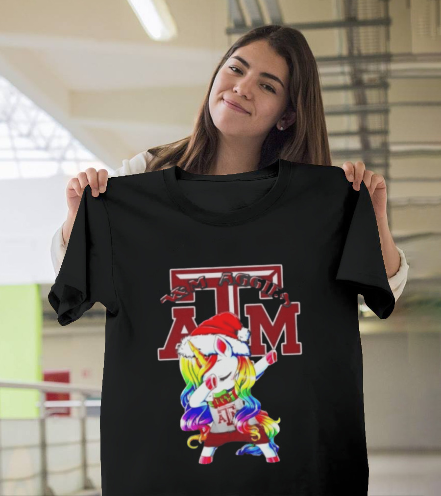 Texas Am Aggies Unicorn Dabbing Santa Hat Merry Christmas T-Shirt