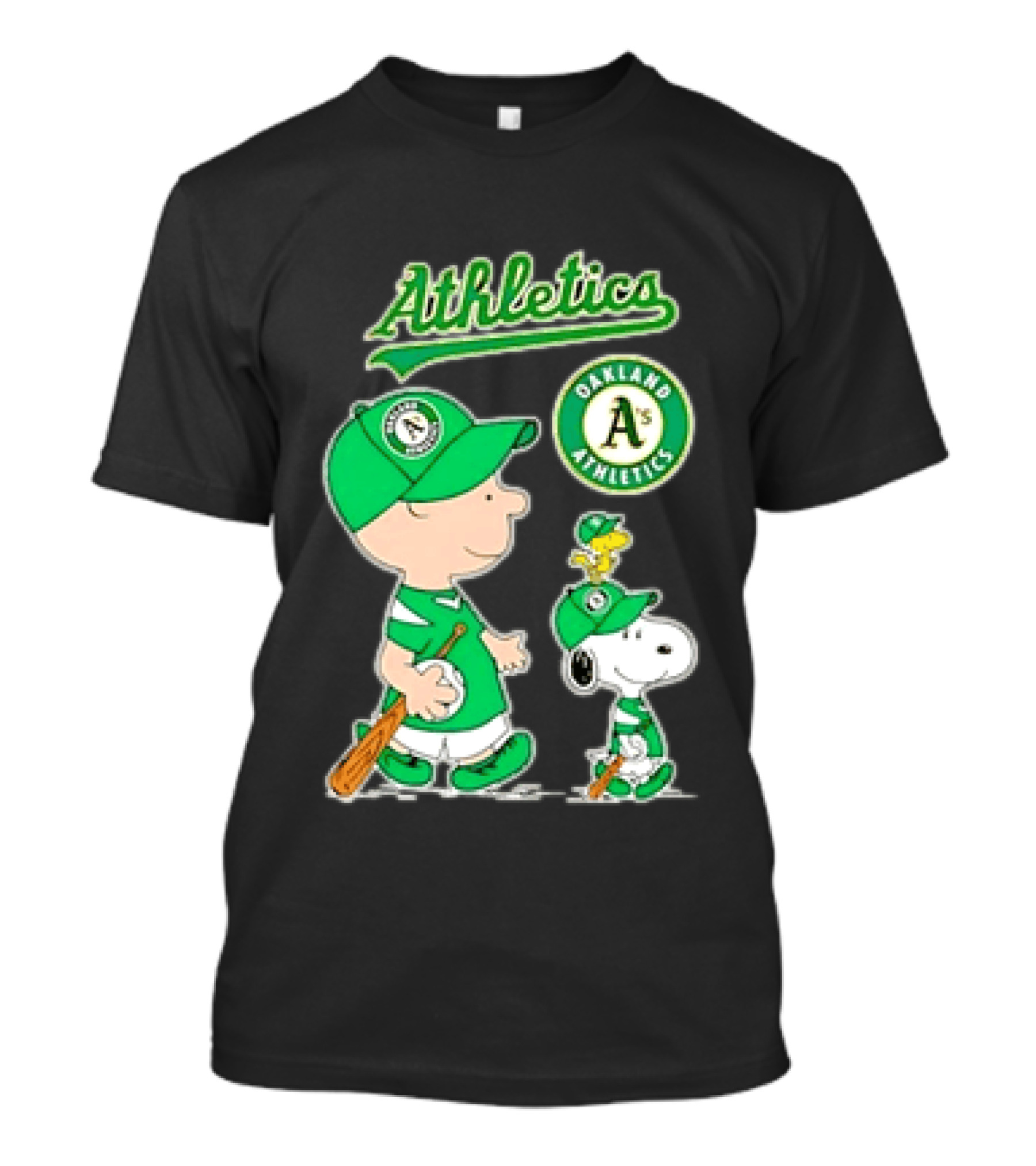Oakland Athletics MLB Charlie Brown Snoopy Woodstock Baseball Peanuts Characters T-Shirt