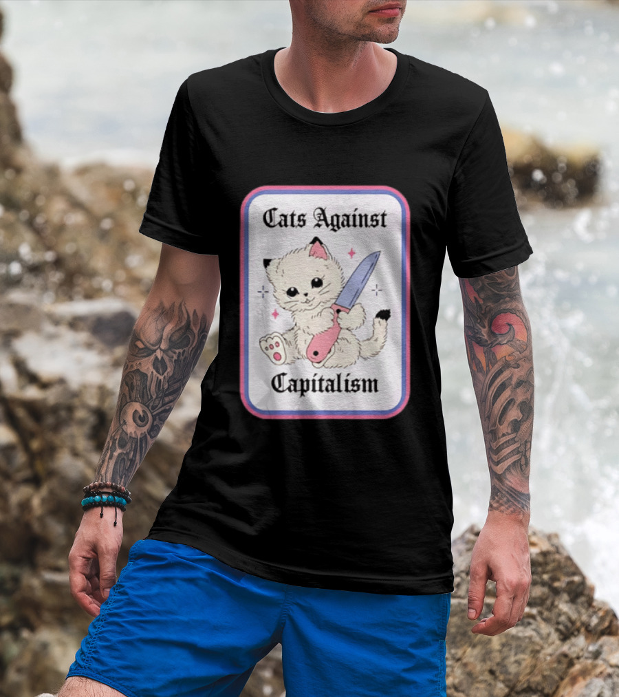 Cats Against Capitalism Cute Cat With Knife T-Shirt