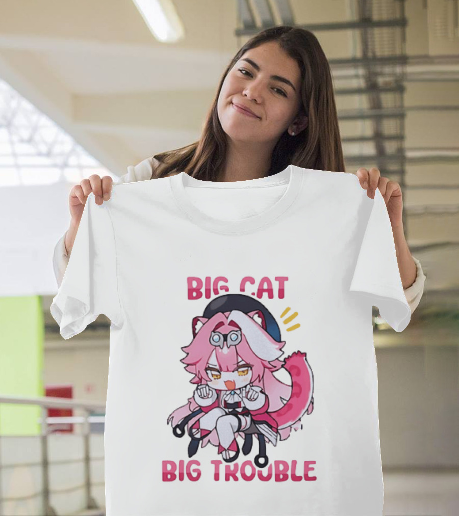 Big Cat Big Trouble Chibi Character With Pink Hair And Tail T-Shirt