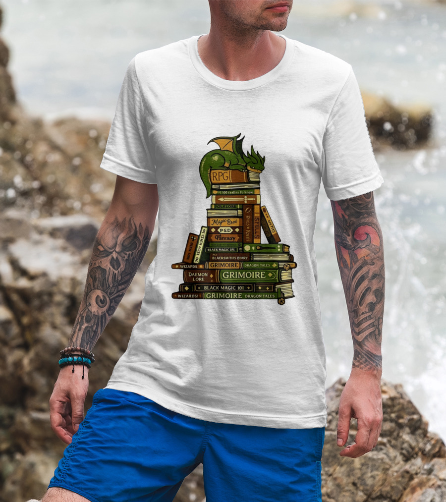 Dragon Resting On RPG Fantasy Grimoire Magic Books Stack T-Shirt