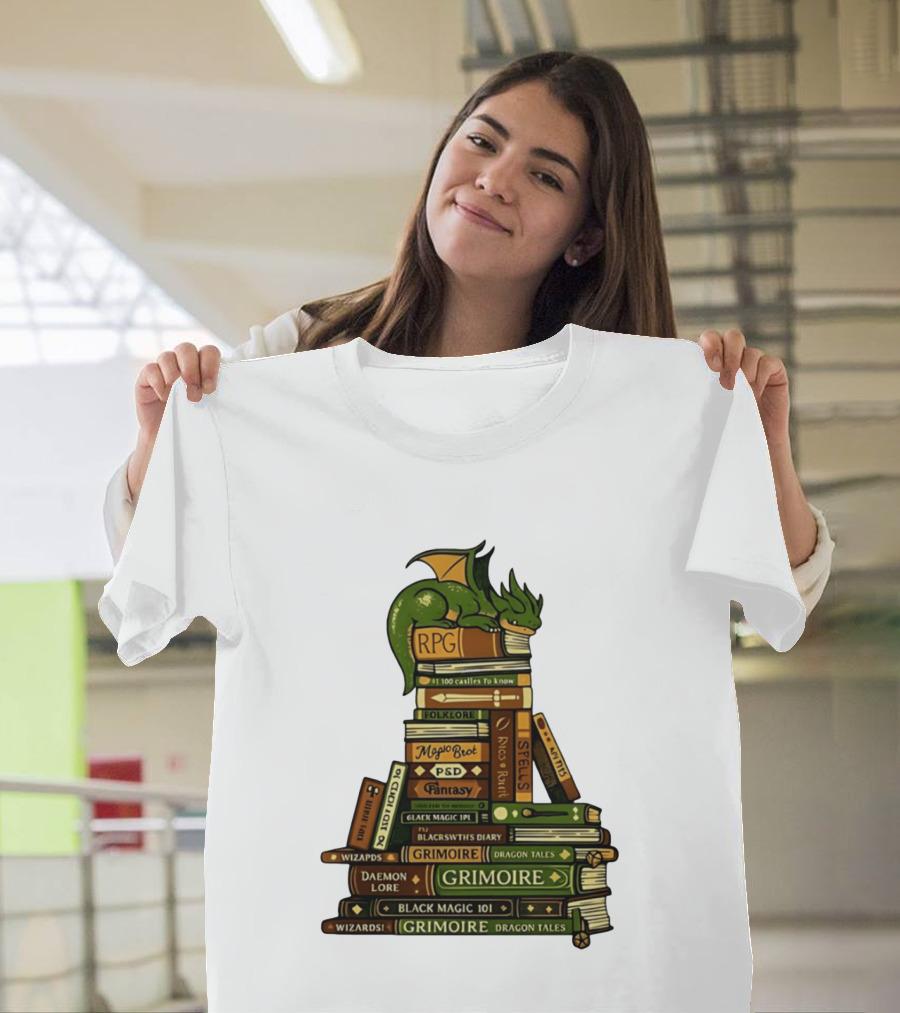 Dragon Resting On RPG Fantasy Grimoire Magic Books Stack T-Shirt