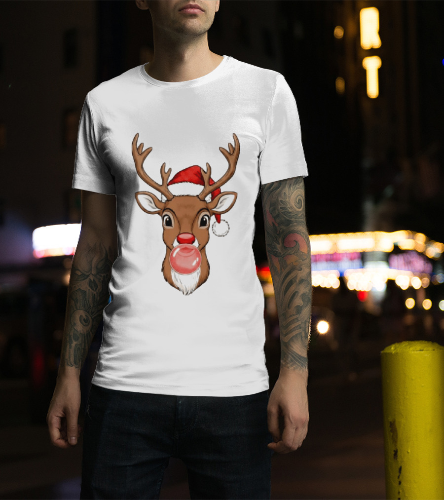 Merry Christmas Reindeer Santa Hat Bubble Gum Red Nose T-Shirt