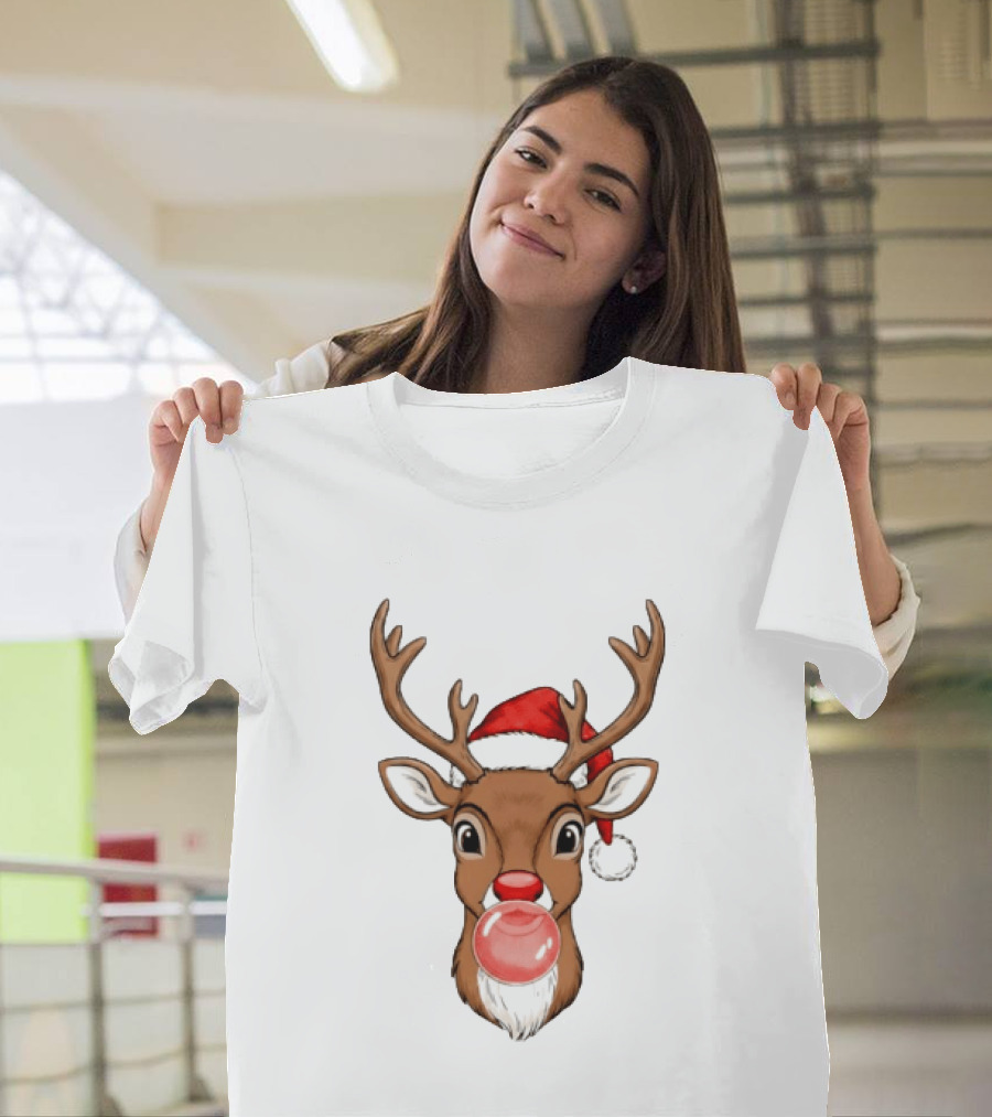 Merry Christmas Reindeer Santa Hat Bubble Gum Red Nose T-Shirt